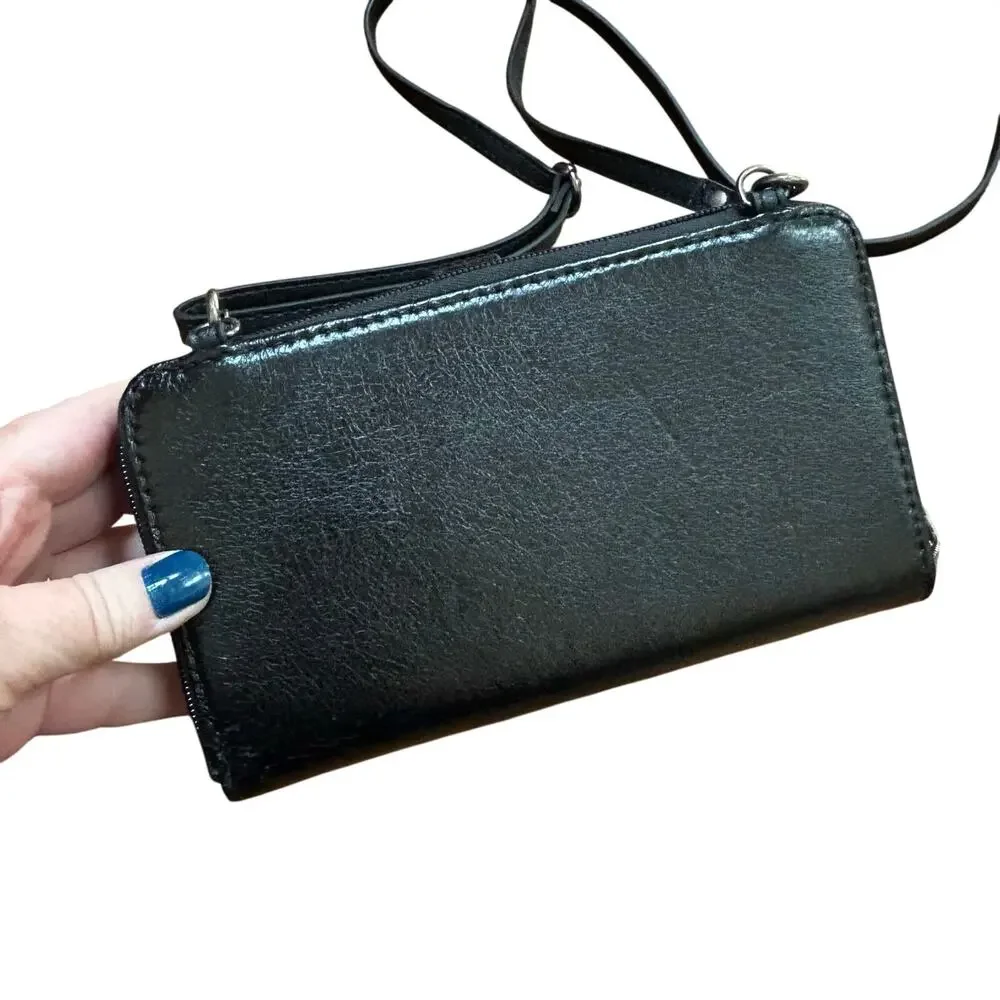 THE SAK black leather clutch purse wristlet crossbody bag zip around wallet